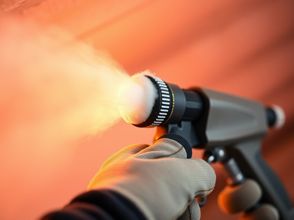 Close-up of a spray foam insulation gun applying cured foam texture