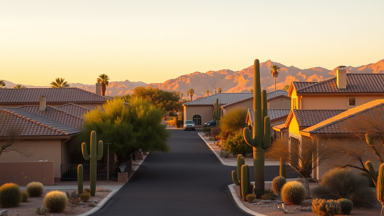 Suburban Phoenix, Arizona neighborhood with stucco homes and desert landscaping